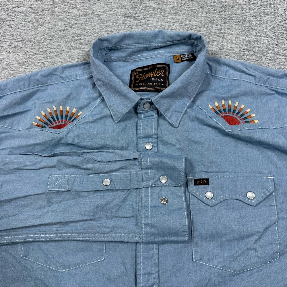 Howler Brothers Shirt Mens XL Crosscut Deluxe Western Blue Chambray Embroidered